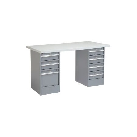Global Equipment 60 x 24 Pedestal Workbench - 3 Drawer/ 4 Drawers, Laminate Square Edge Gray 253802